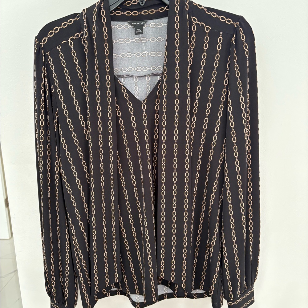 Ann Taylor Black Blouse with Gold Chain Pattern